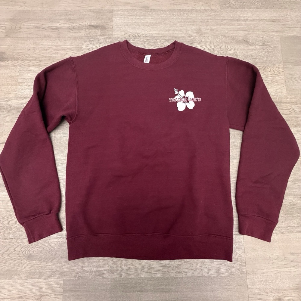 Vintage 90s Trader Joe's Sweatshirt Hibiscus Logo Employee Jerzees Burgundy